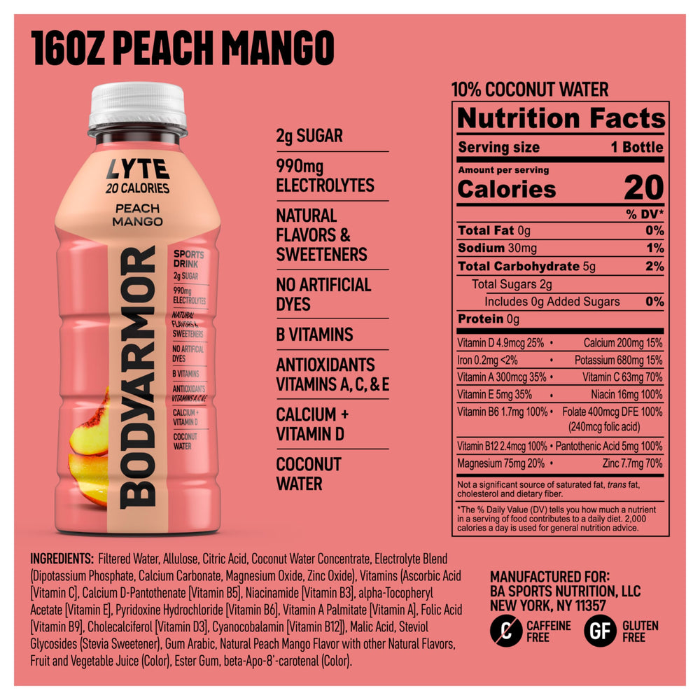 BODYARMOR Lyte Peach Mango pour captures refreshing flavor after workouts.