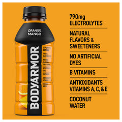 BODYARMOR Orange Mango 6-pack display emphasizing bulk hydration for training days