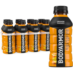 BODYARMOR Orange Mango bottle front view highlighting electrolytes for hydration.