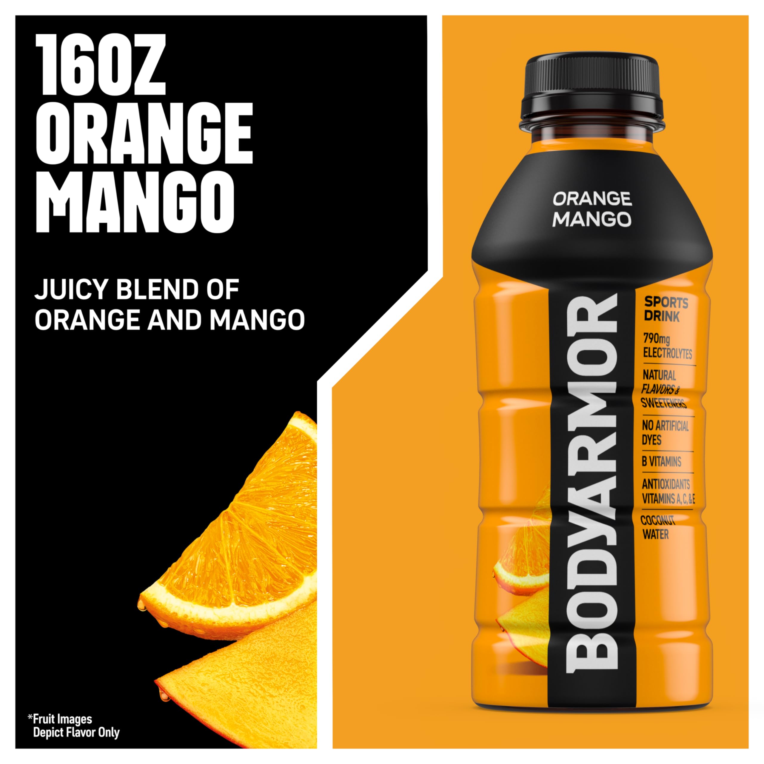BODYARMOR Orange Mango bottle being poured into a glass to show refreshing citrus flavor
