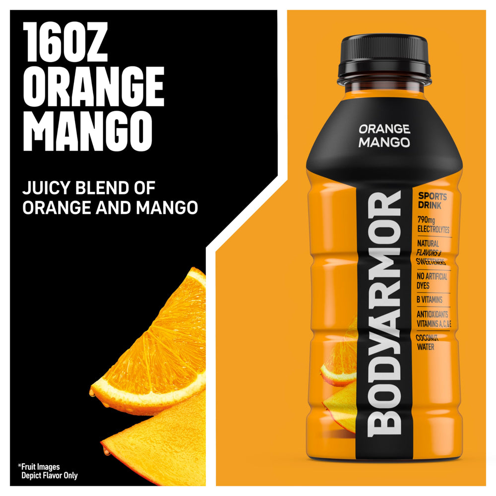 BODYARMOR Orange Mango bottle being poured into a glass to show refreshing citrus flavor