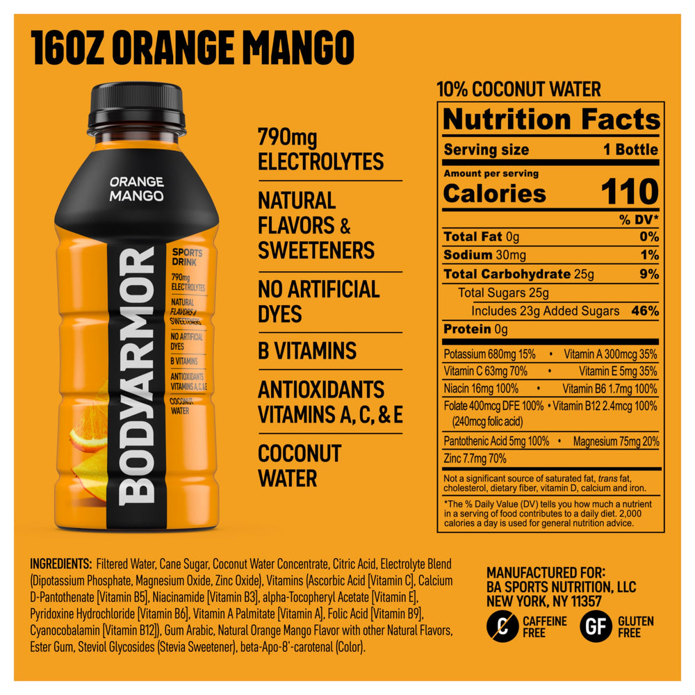 BODYARMOR Orange Mango bottle side view for on-the-go hydration during workouts