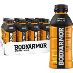 BODYARMOR Orange Mango bottle front view highlighting natural flavors for hydration.