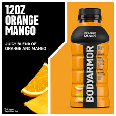 Eight-pack of BODYARMOR Orange Mango bottles for on-the-go hydration.