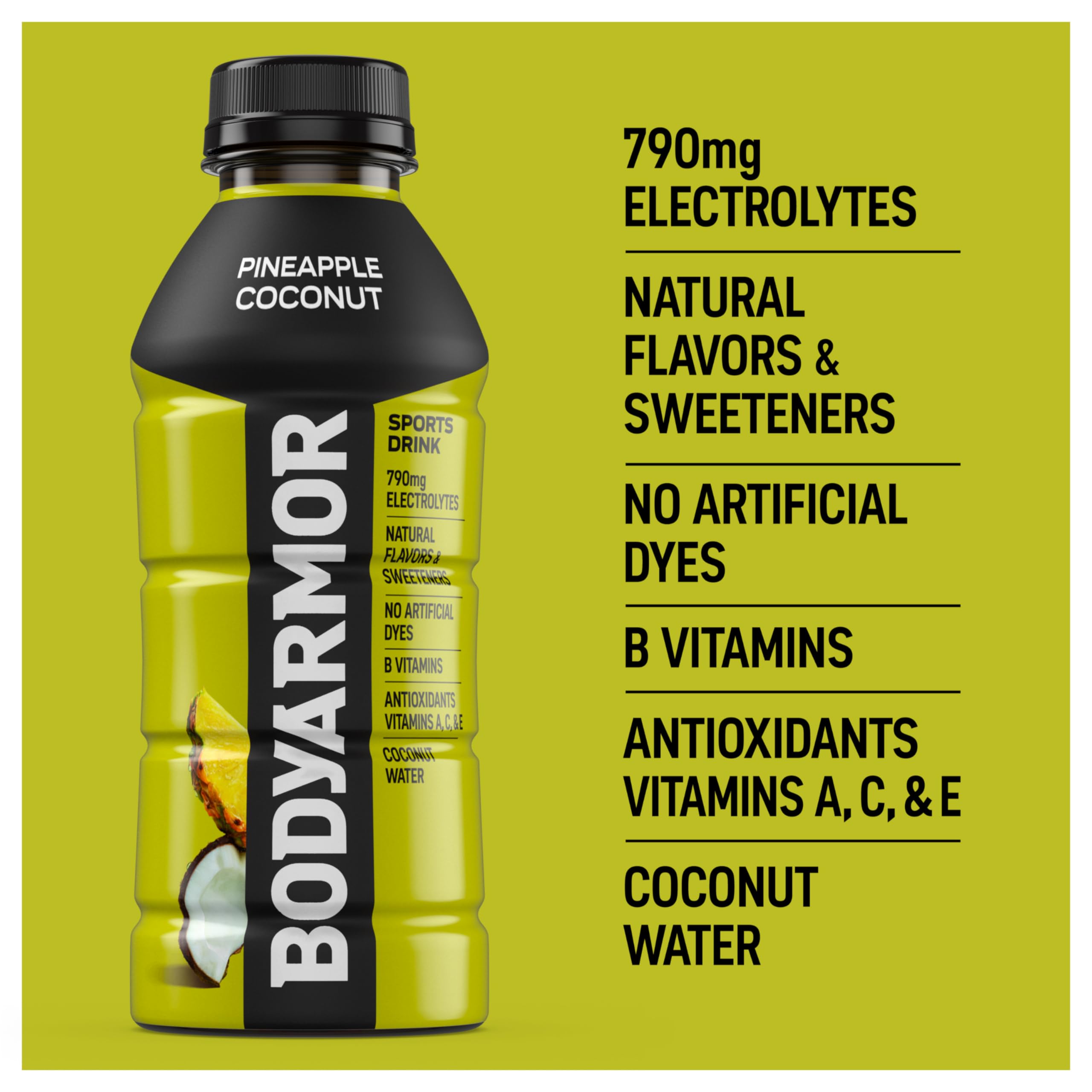 Pineapple Coconut BODYARMOR bottle being poured into a glass