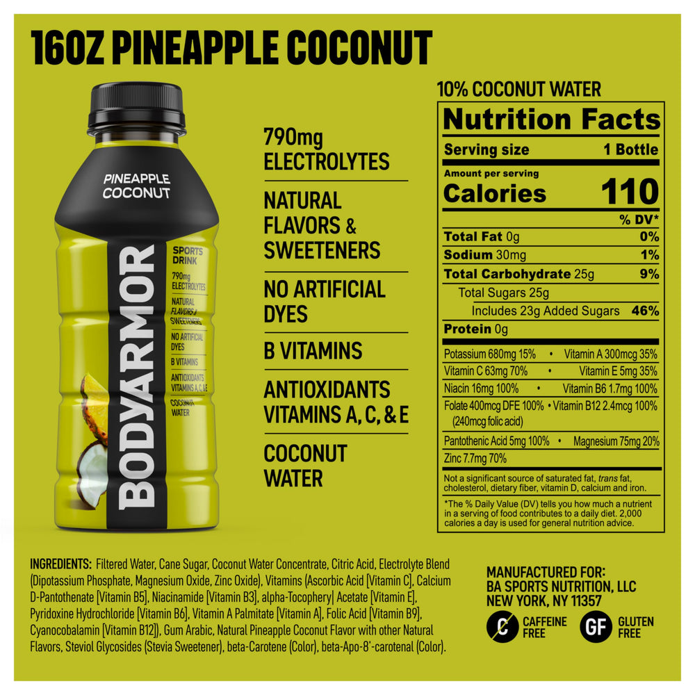 BODYARMOR Pineapple Coconut bottle side angle highlighting sleek packaging