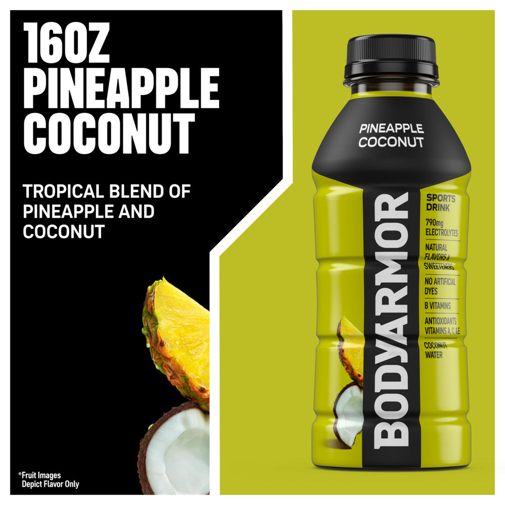 Closeup of BODYARMOR Pineapple Coconut label with natural flavors information
