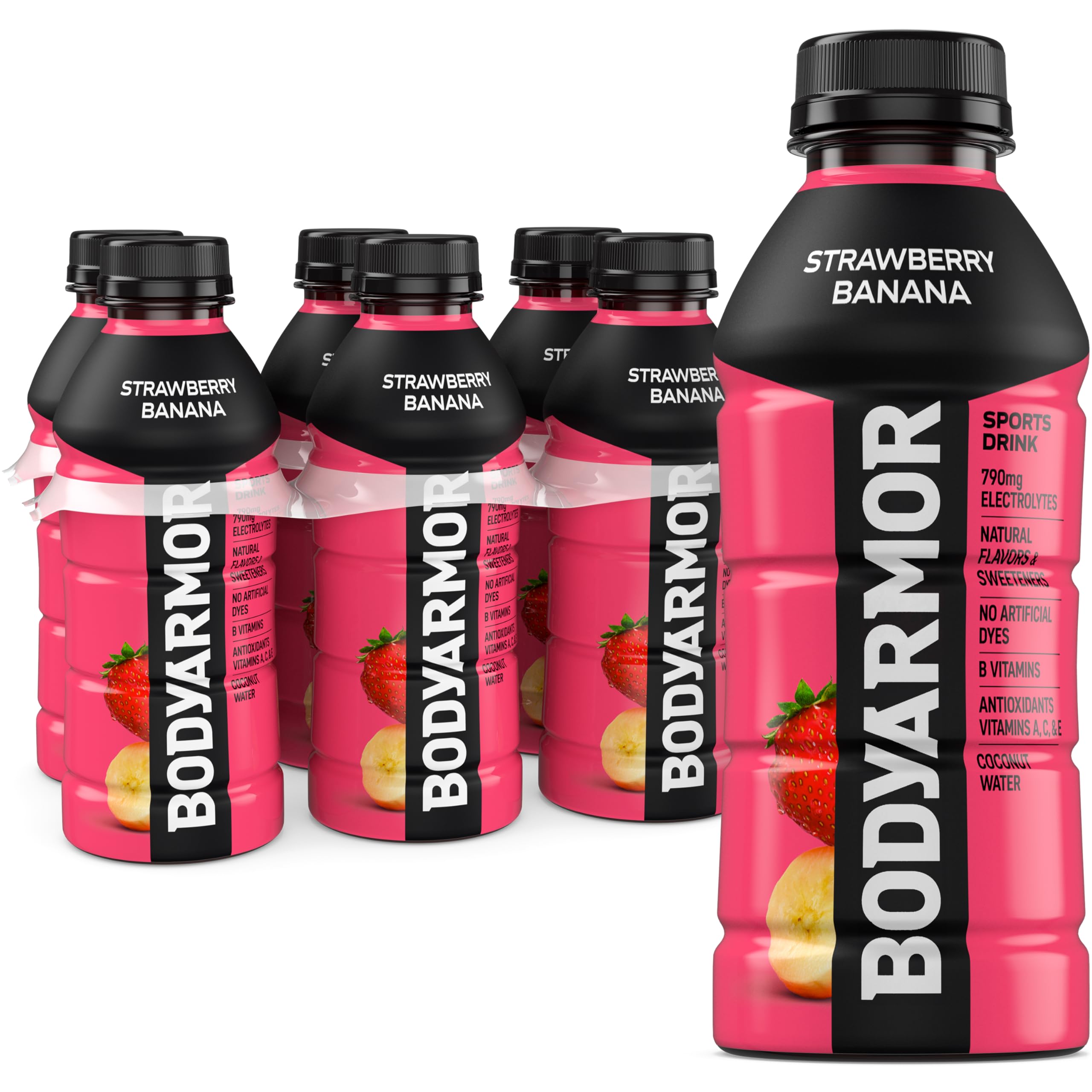 BODYARMOR Strawberry Banana bottle front for refreshing hydration with no artificial flavors