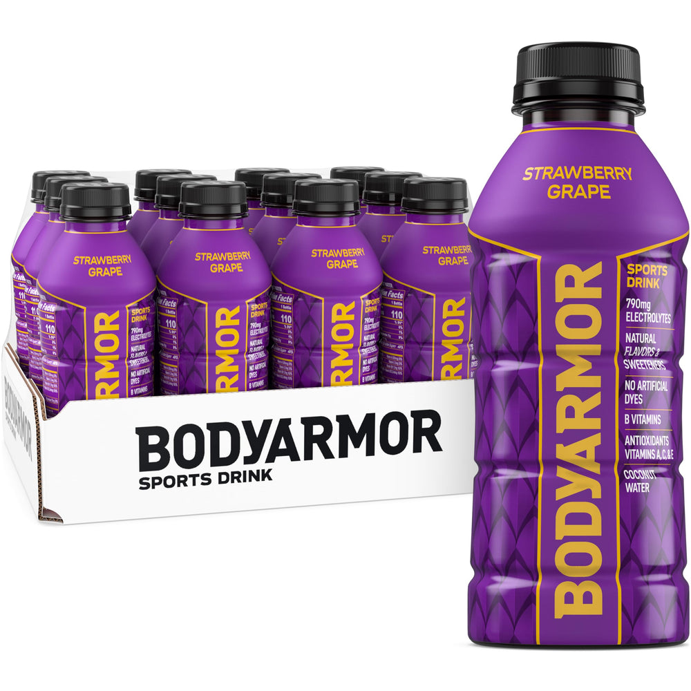 BODYARMOR Sports Drink bottle in strawberry grape flavor for on-the-go hydration.