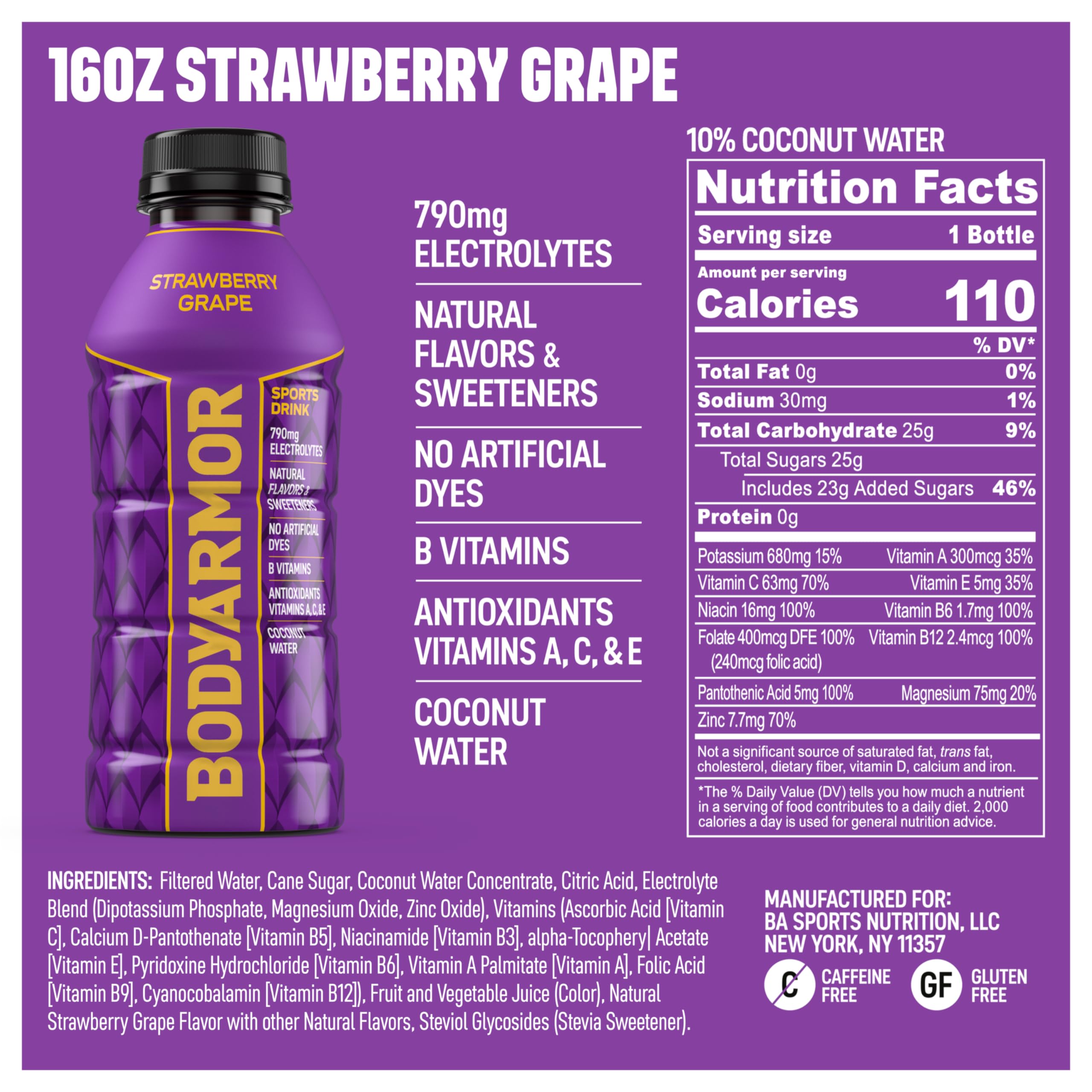 BODYARMOR label close-up highlighting coconut water base and antioxidants.