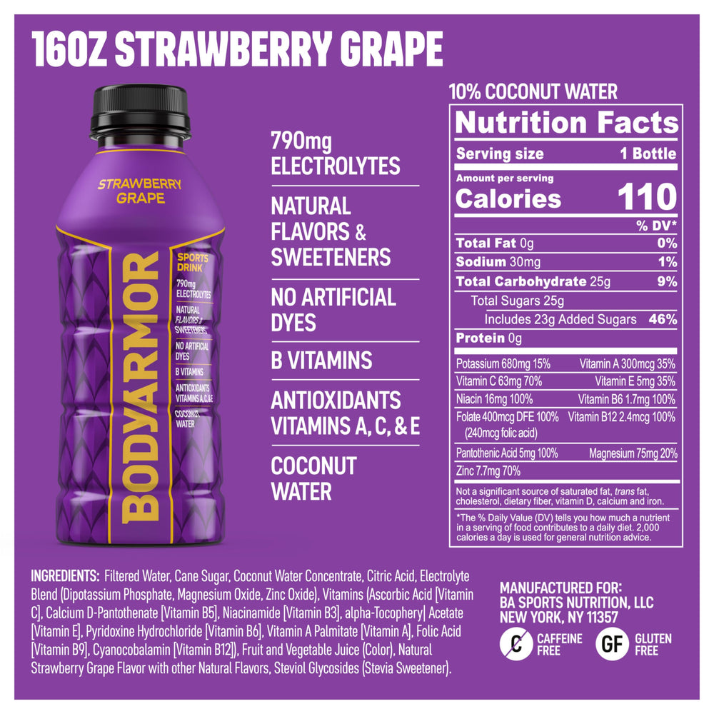 BODYARMOR label close-up highlighting coconut water base and antioxidants.