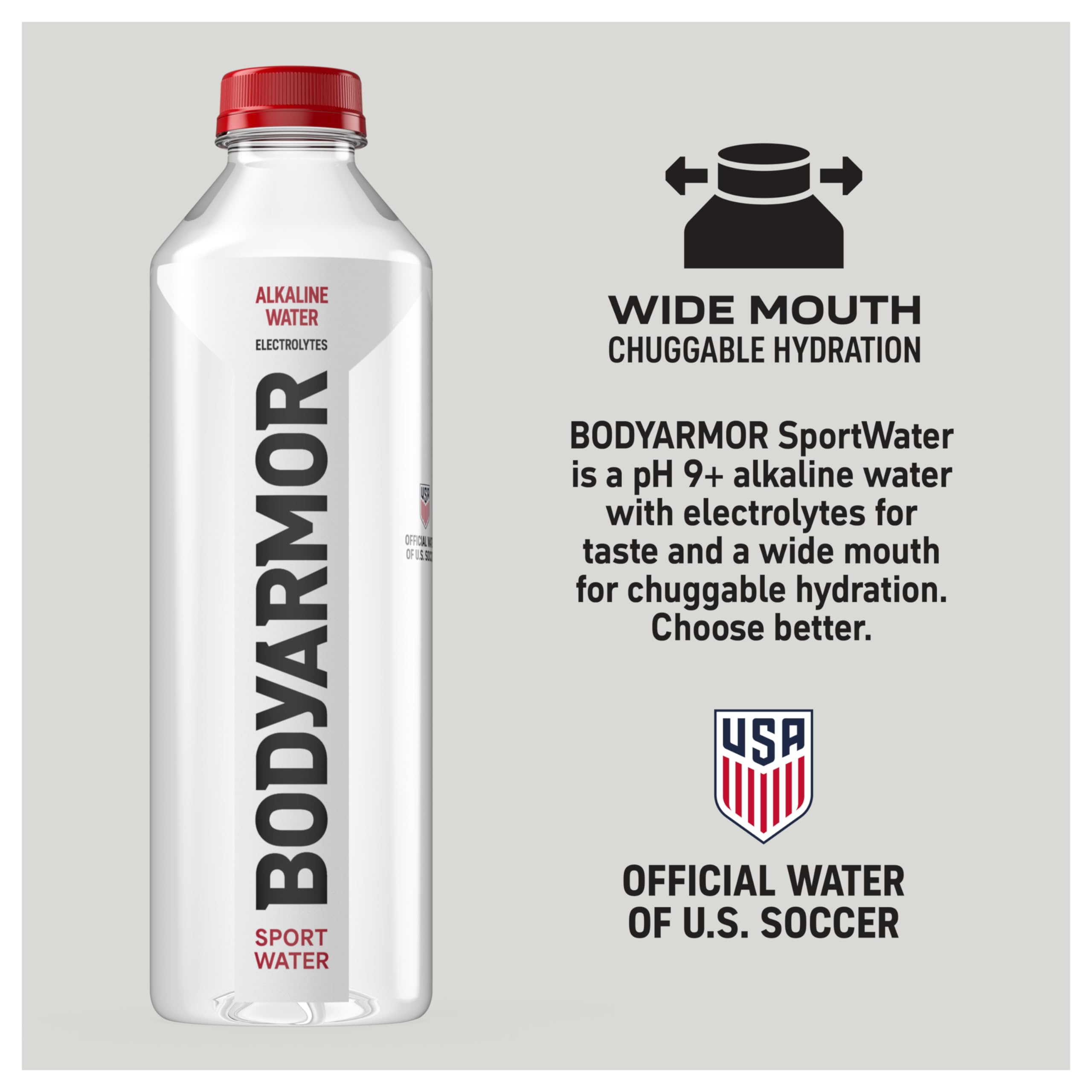 BODYARMOR SportWater pH 9+ water shown for smooth, clean taste.