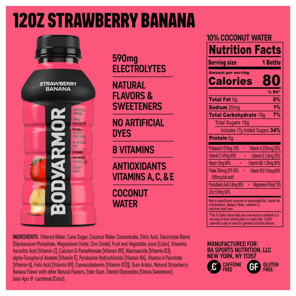 BODYARMOR Strawberry Banana label detail showcasing antioxidants and coconut water base.
