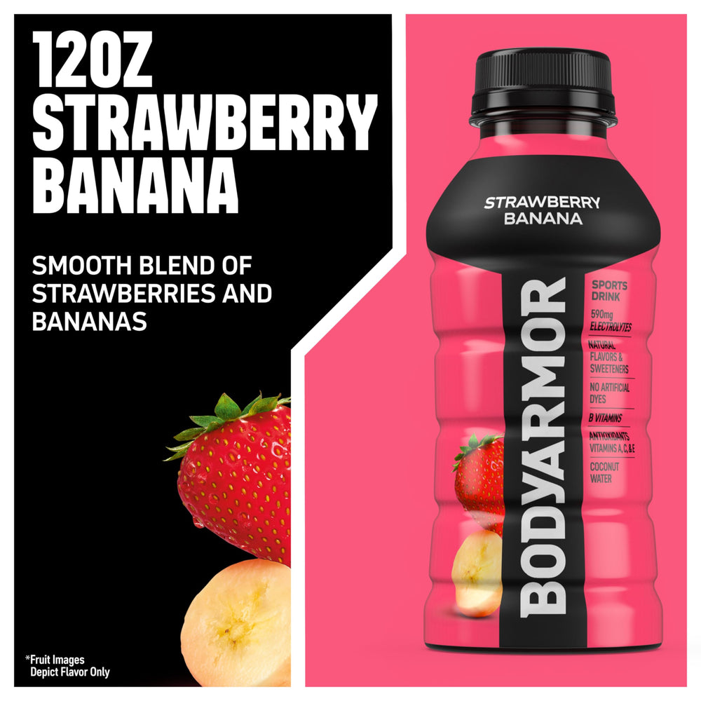 BODYARMOR Strawberry Banana nutrition panel showing B vitamins and electrolytes.