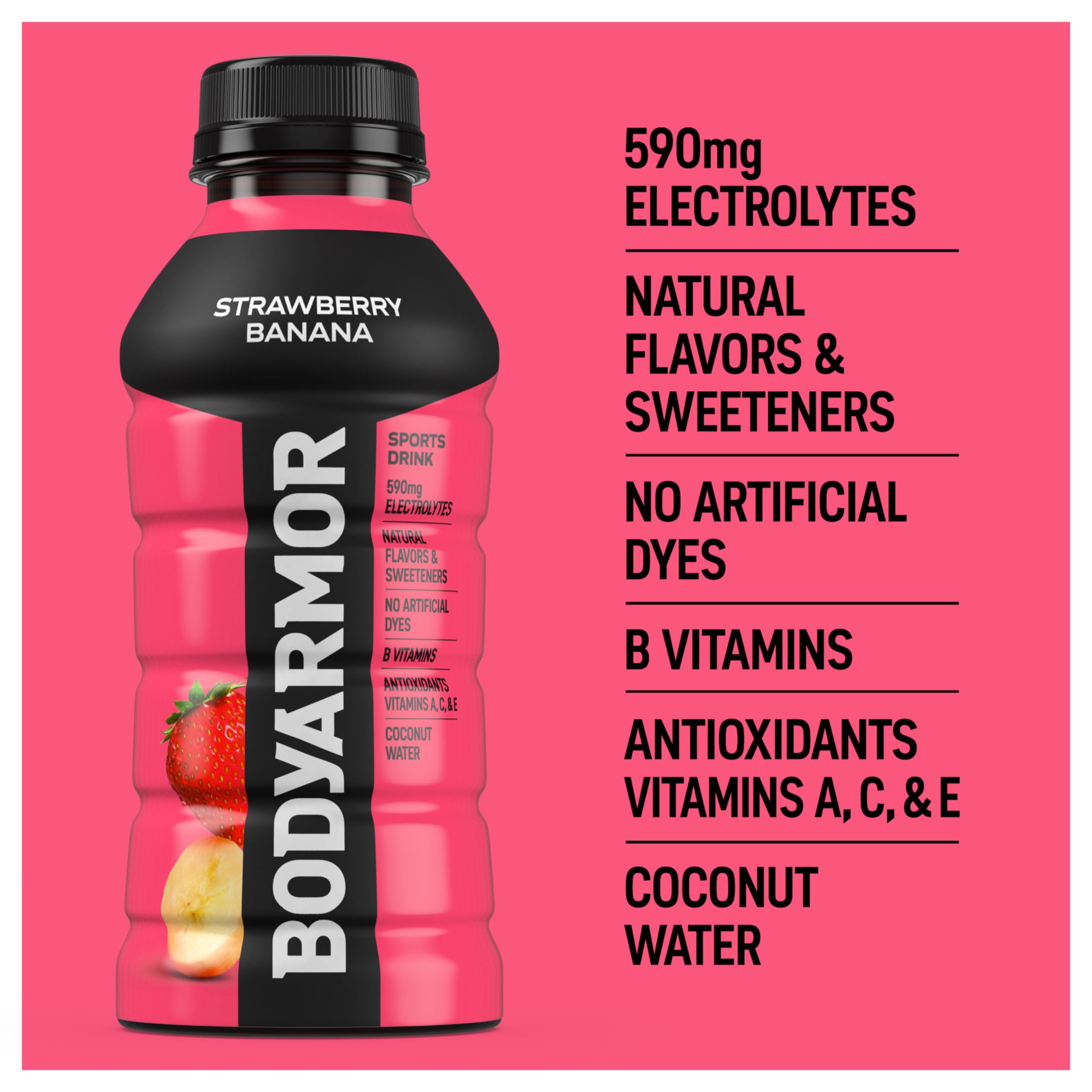 BODYARMOR Strawberry Banana pour action emphasizing quick liquid hydration on the go.