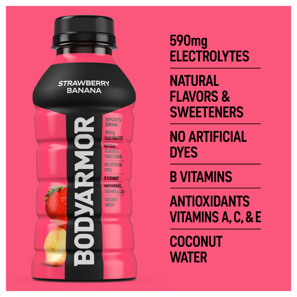BODYARMOR Strawberry Banana pour action emphasizing quick liquid hydration on the go.