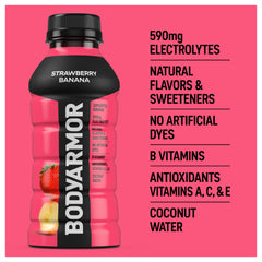 BODYARMOR Strawberry Banana pour action emphasizing quick liquid hydration on the go.