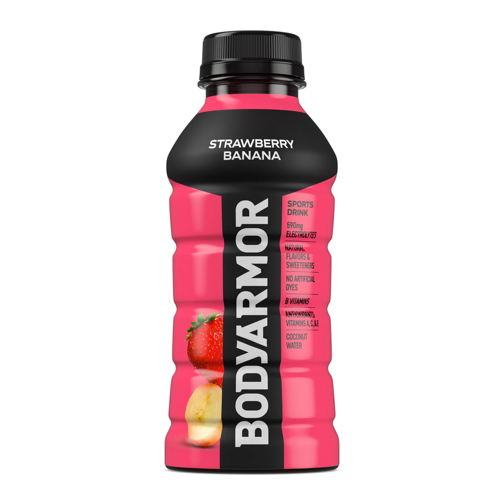 BODYARMOR Strawberry Banana splash focusing on refreshment after training sessions.