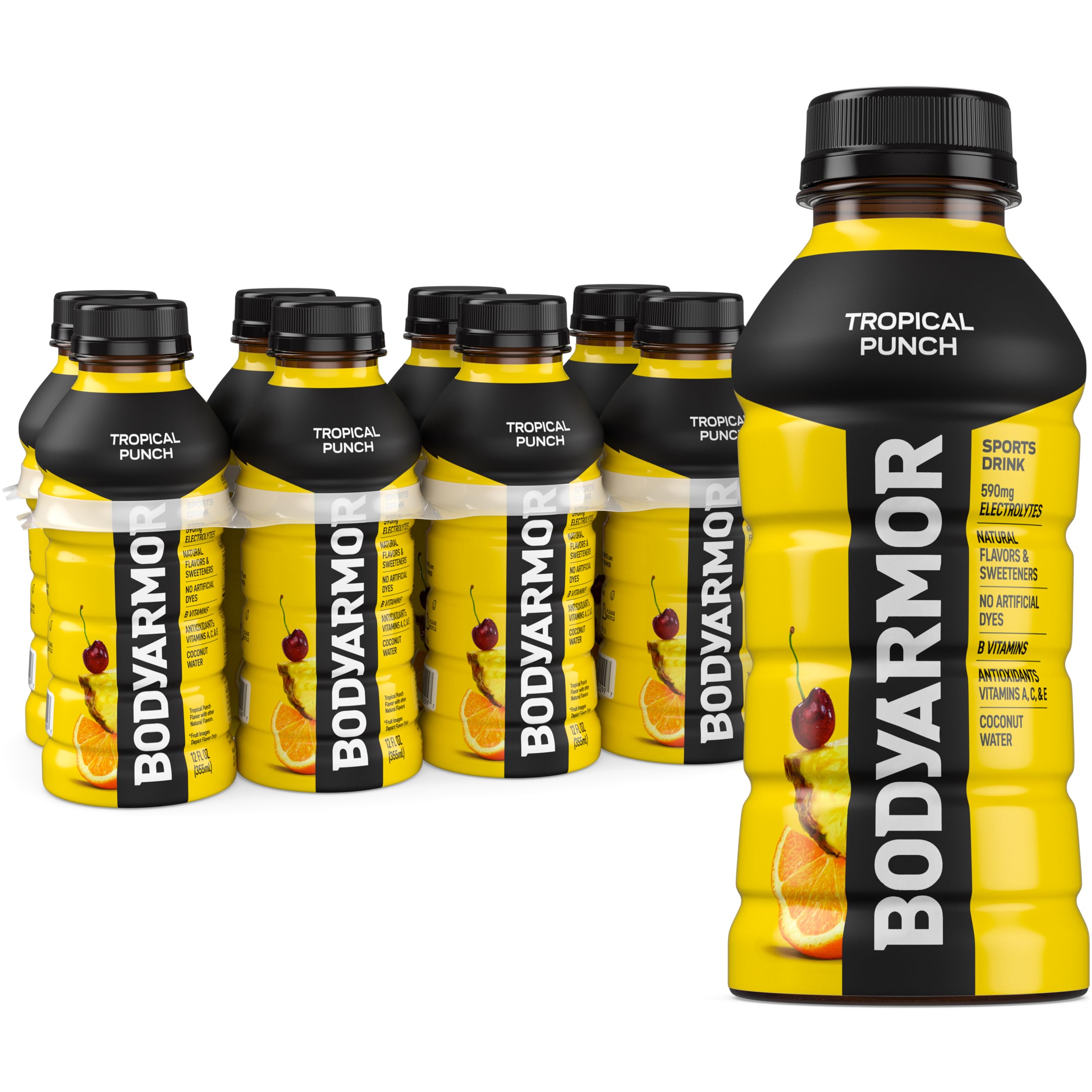 BODYARMOR Tropical Punch bottle front view highlights brand and tropical flavor for hydrated workouts