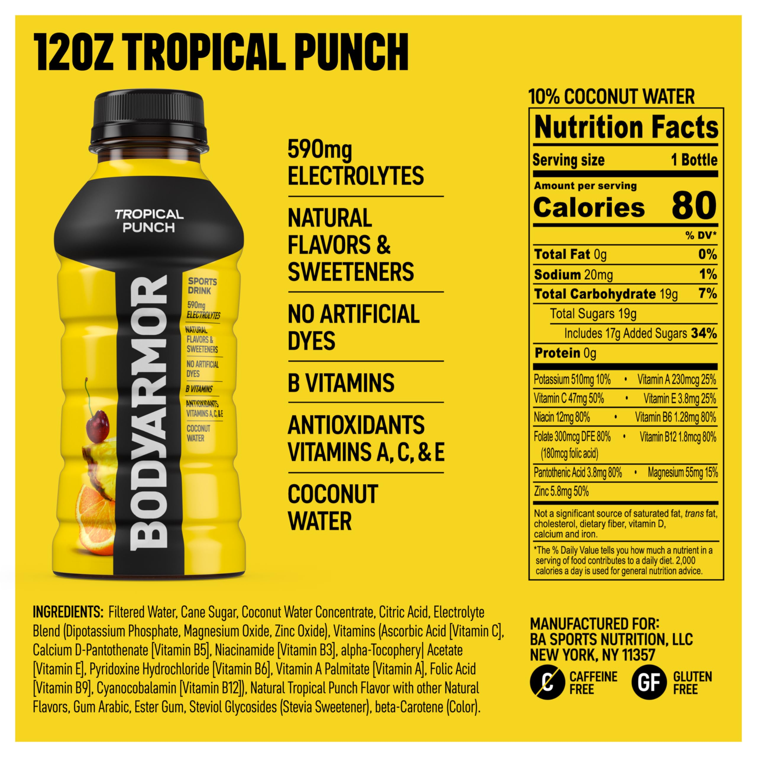 BODYARMOR Tropical Punch bottle side view emphasizes compact size for on the go hydration