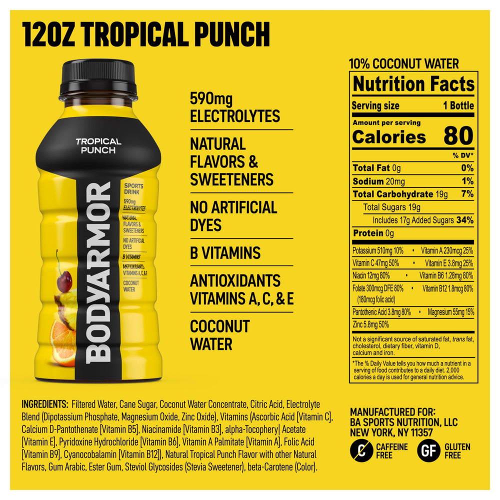 BODYARMOR Tropical Punch bottle side view emphasizes compact size for on the go hydration