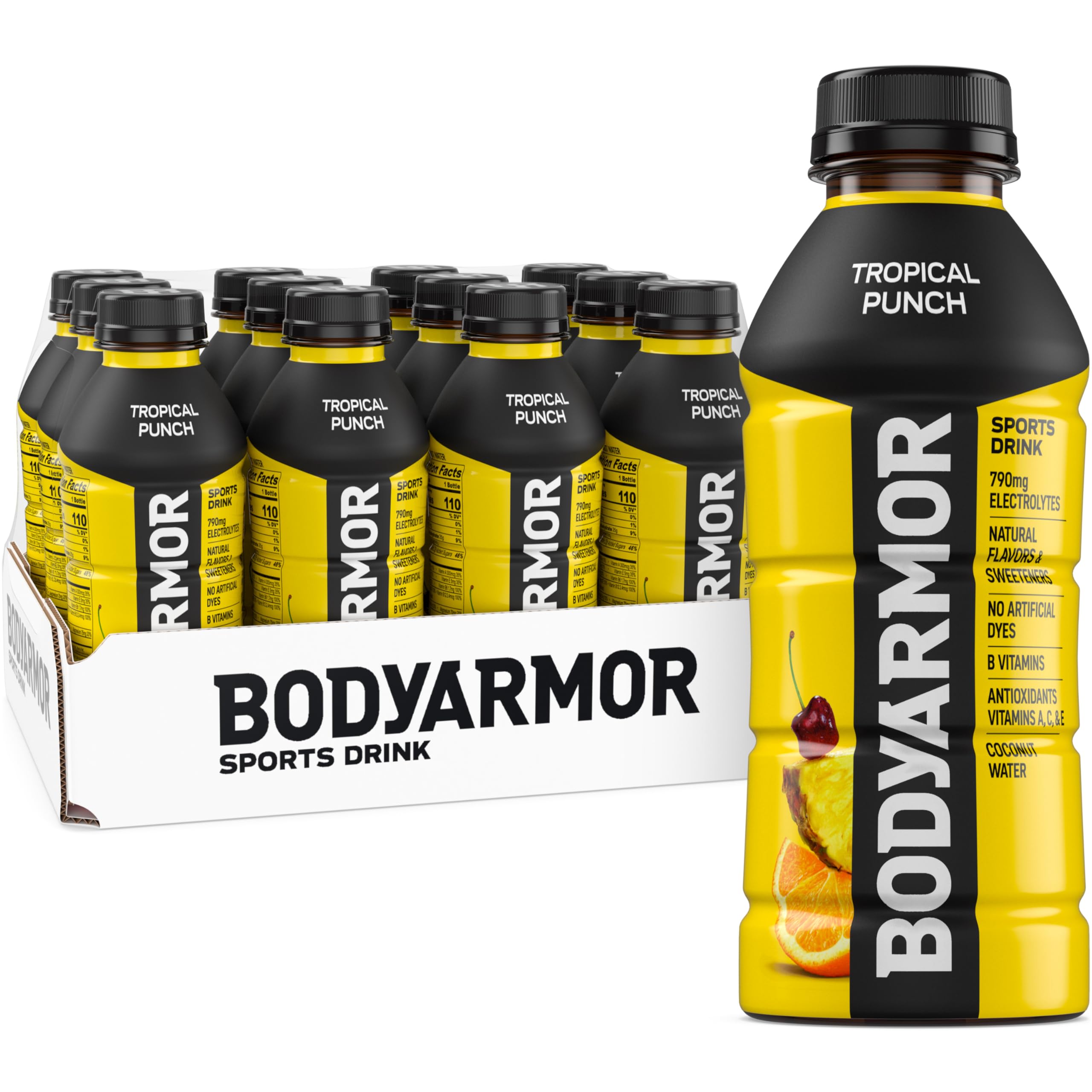 BodyArmor Tropical Punch bottle highlights natural flavors and electrolytes for active hydration