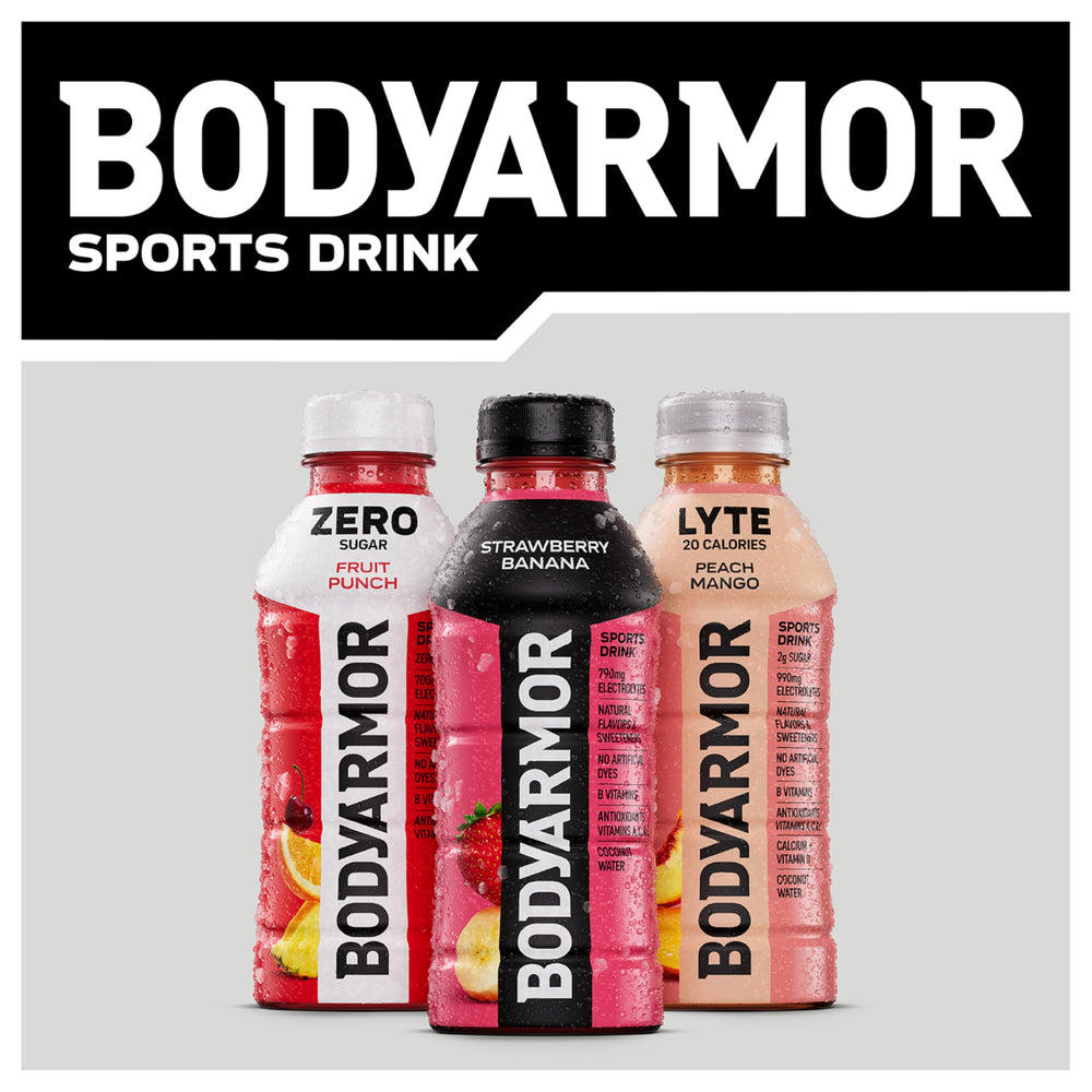 BodyArmor Tropical Punch closeup shows vitamin-infused formula for daily hydration