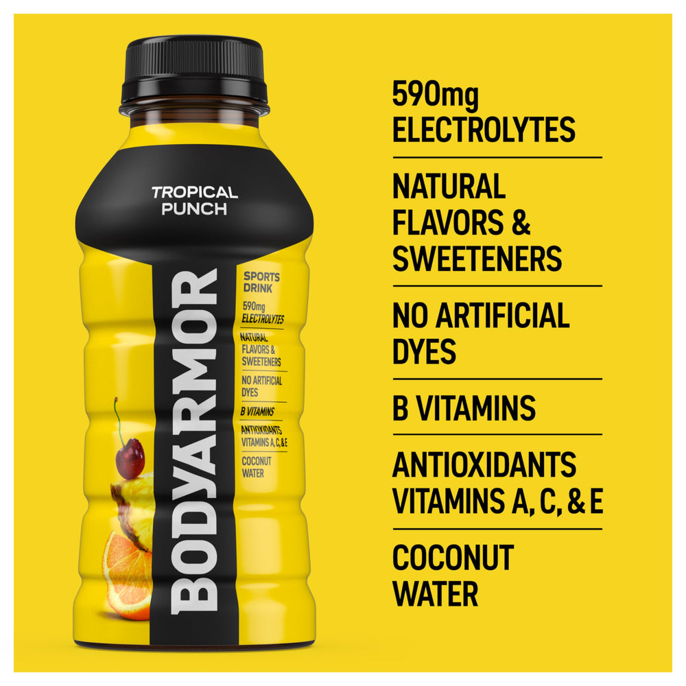 BODYARMOR Tropical Punch served in a glass highlights refreshing flavor