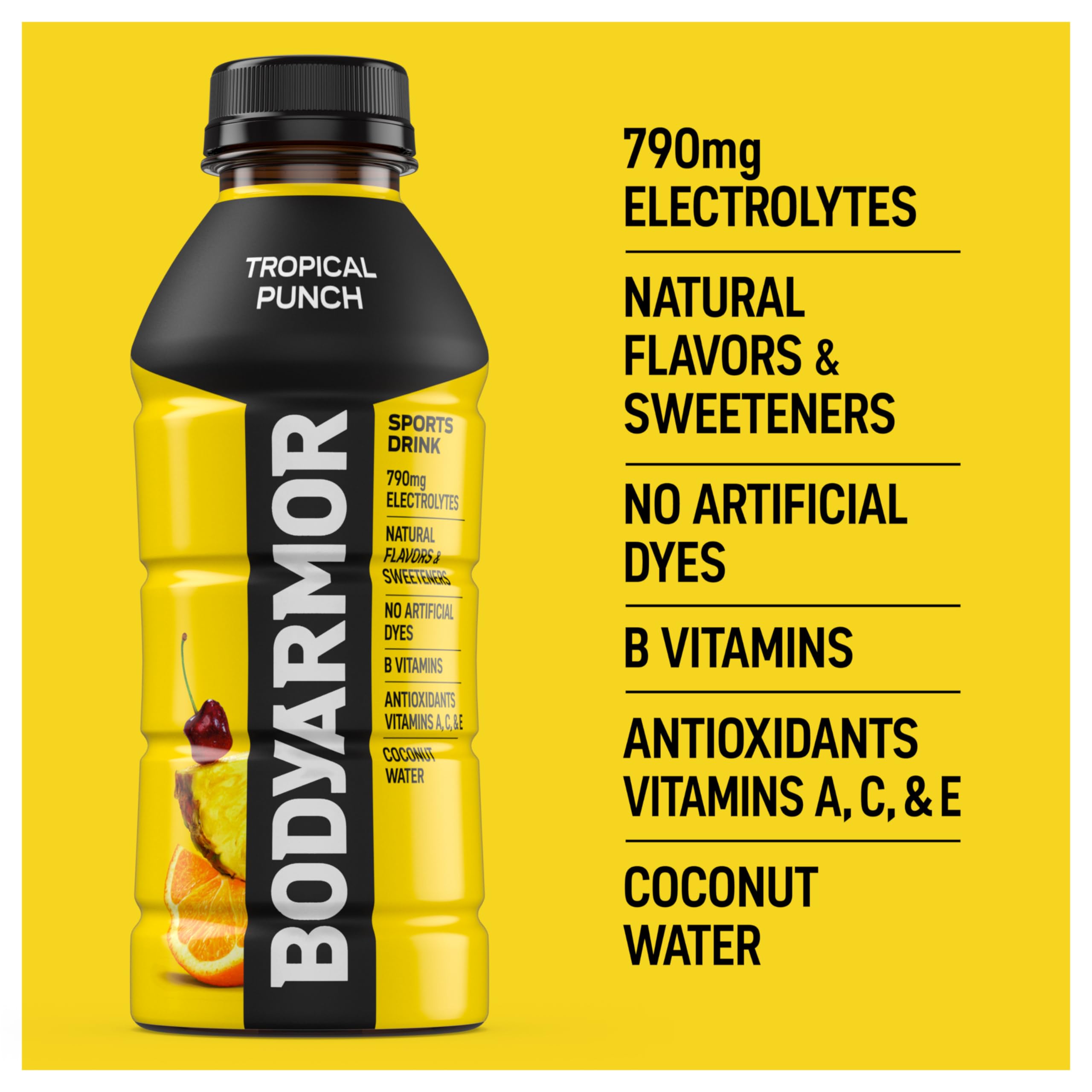 BodyArmor Tropical Punch label emphasizes potassium-packed electrolytes for performance