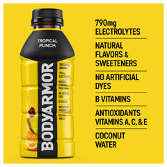 BodyArmor Tropical Punch label emphasizes potassium-packed electrolytes for performance