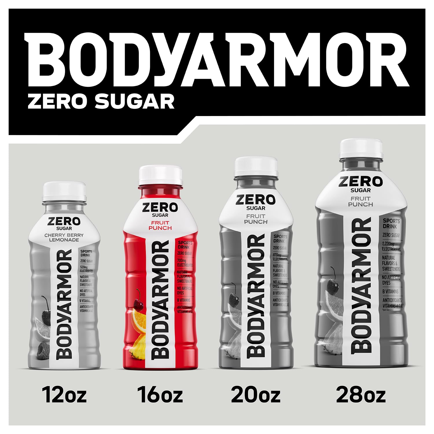 BODYARMOR Zero Fruit Punch bottle close-up on label details.