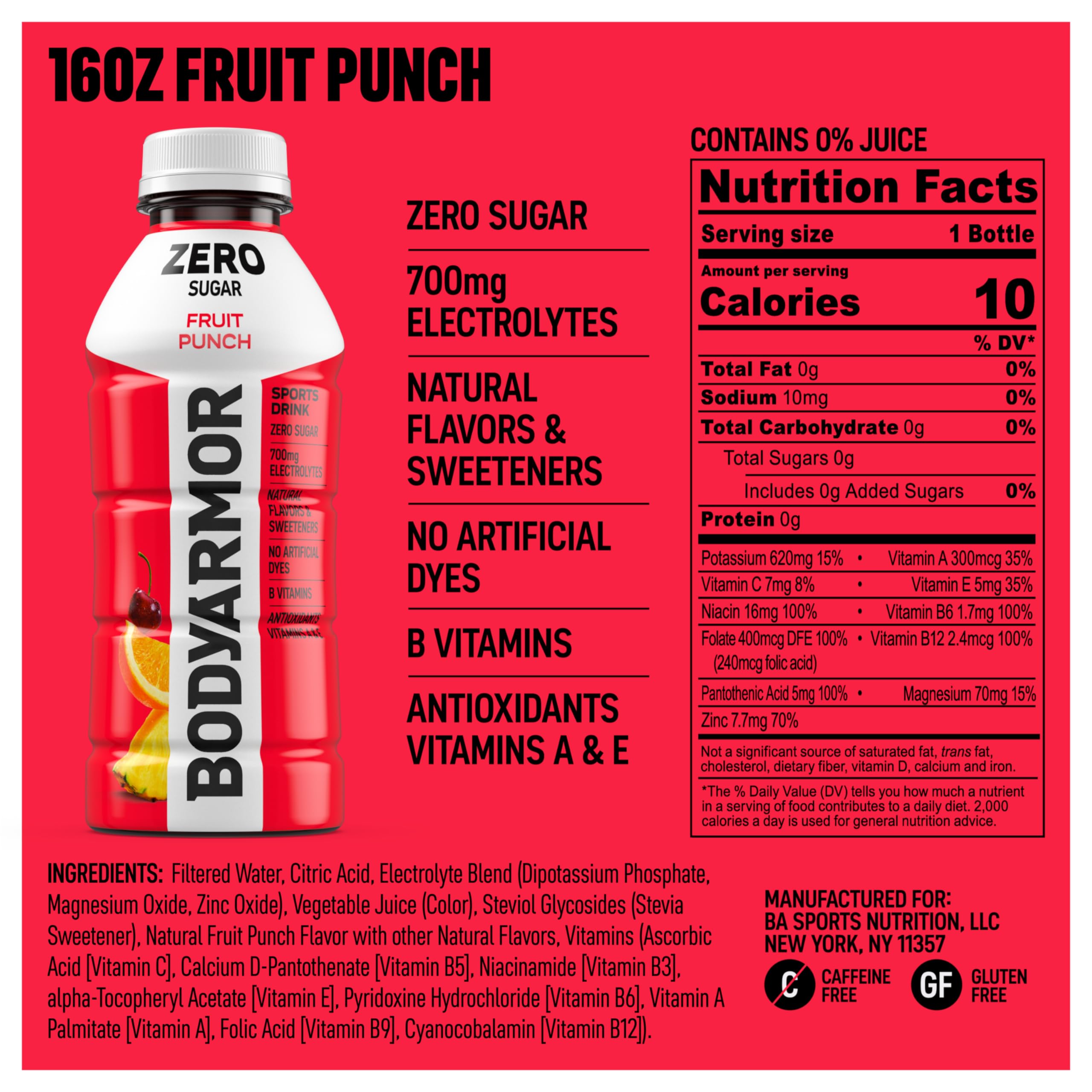 BODYARMOR Zero Fruit Punch bottle front view highlighting zero sugar formula.