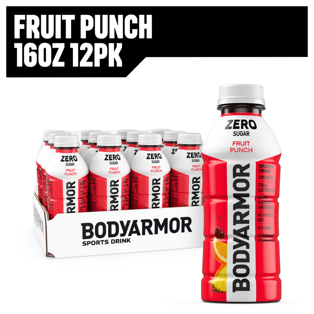 BODYARMOR Zero Fruit Punch bottle with straw for convenient sipping.