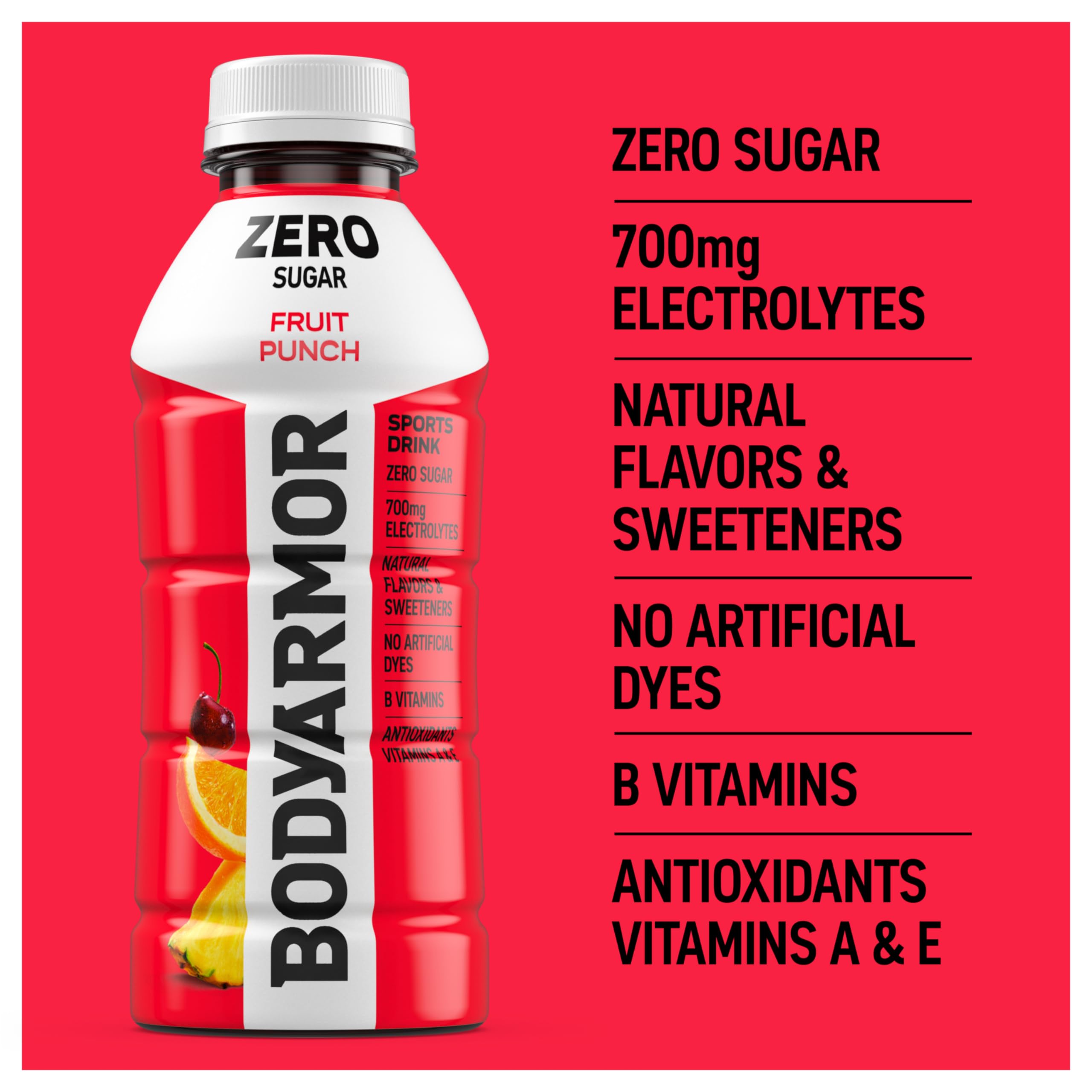 BODYARMOR Zero Fruit Punch nutrition panel highlights electrolytes and B vitamins.
