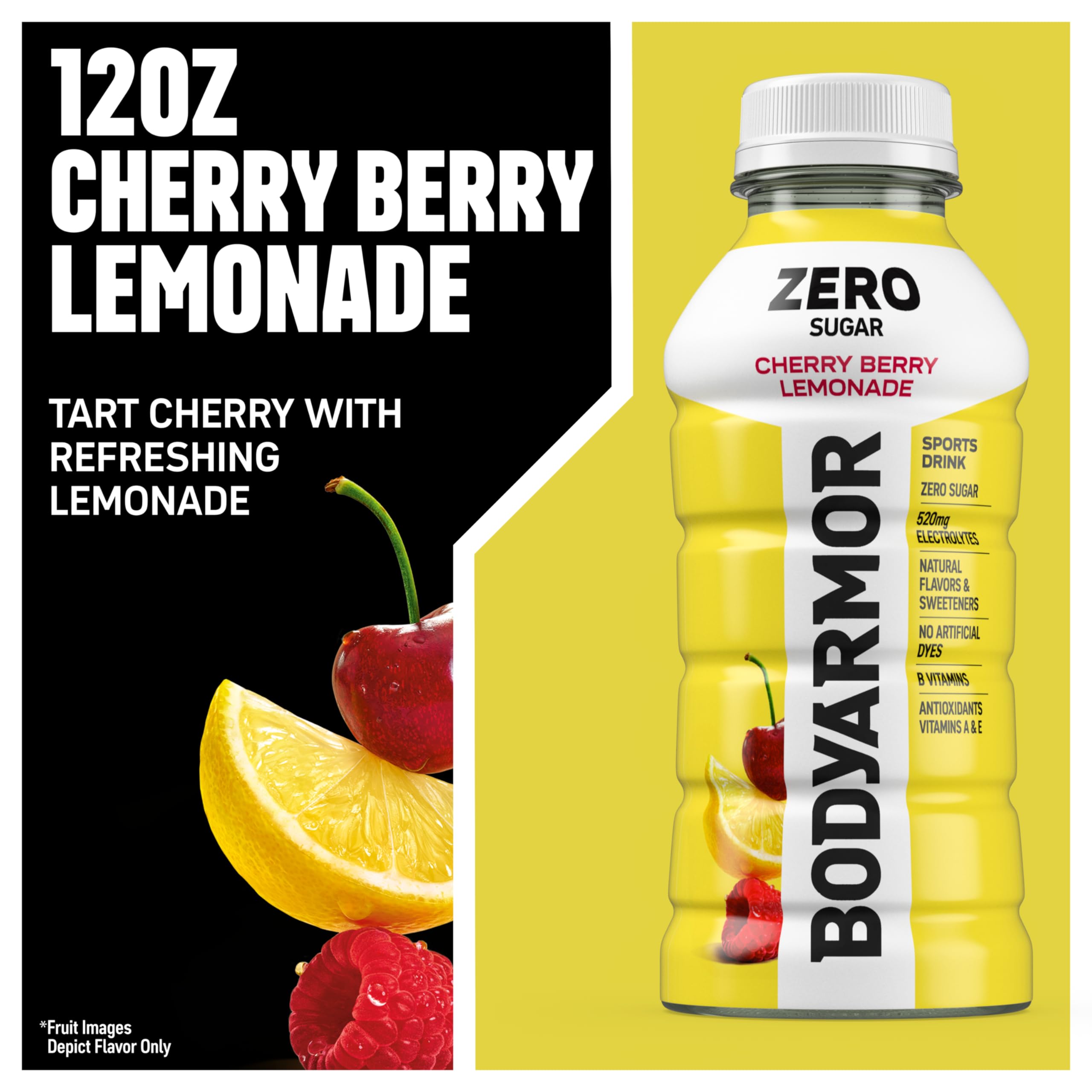 BODYARMOR Zero Sugar Cherry Berry Lemonade label highlighting natural flavors