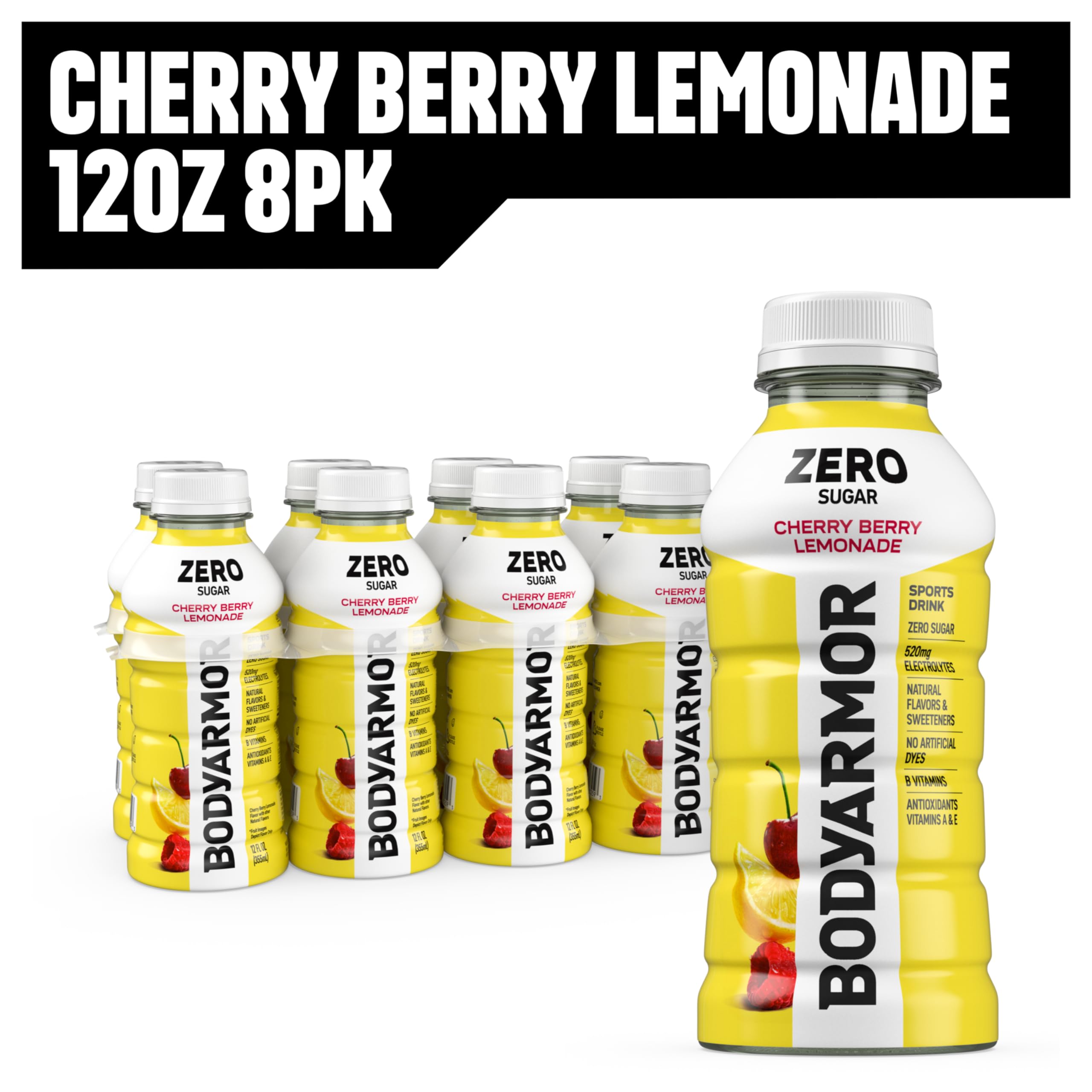 BODYARMOR Zero Sugar Cherry Berry Lemonade close-up of liquid and ice