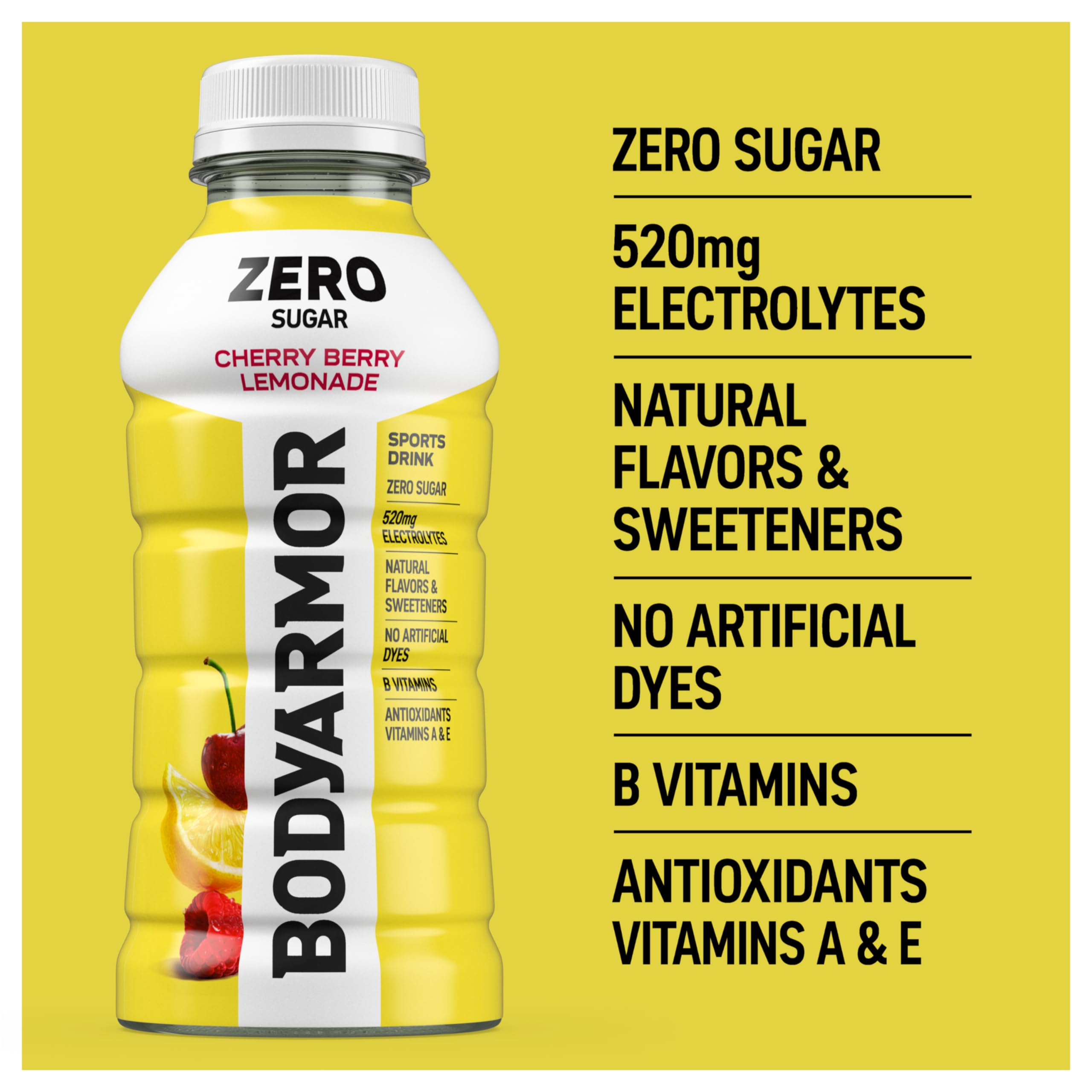 BODYARMOR Zero Sugar Cherry Berry Lemonade splash showing electrolyte hydration