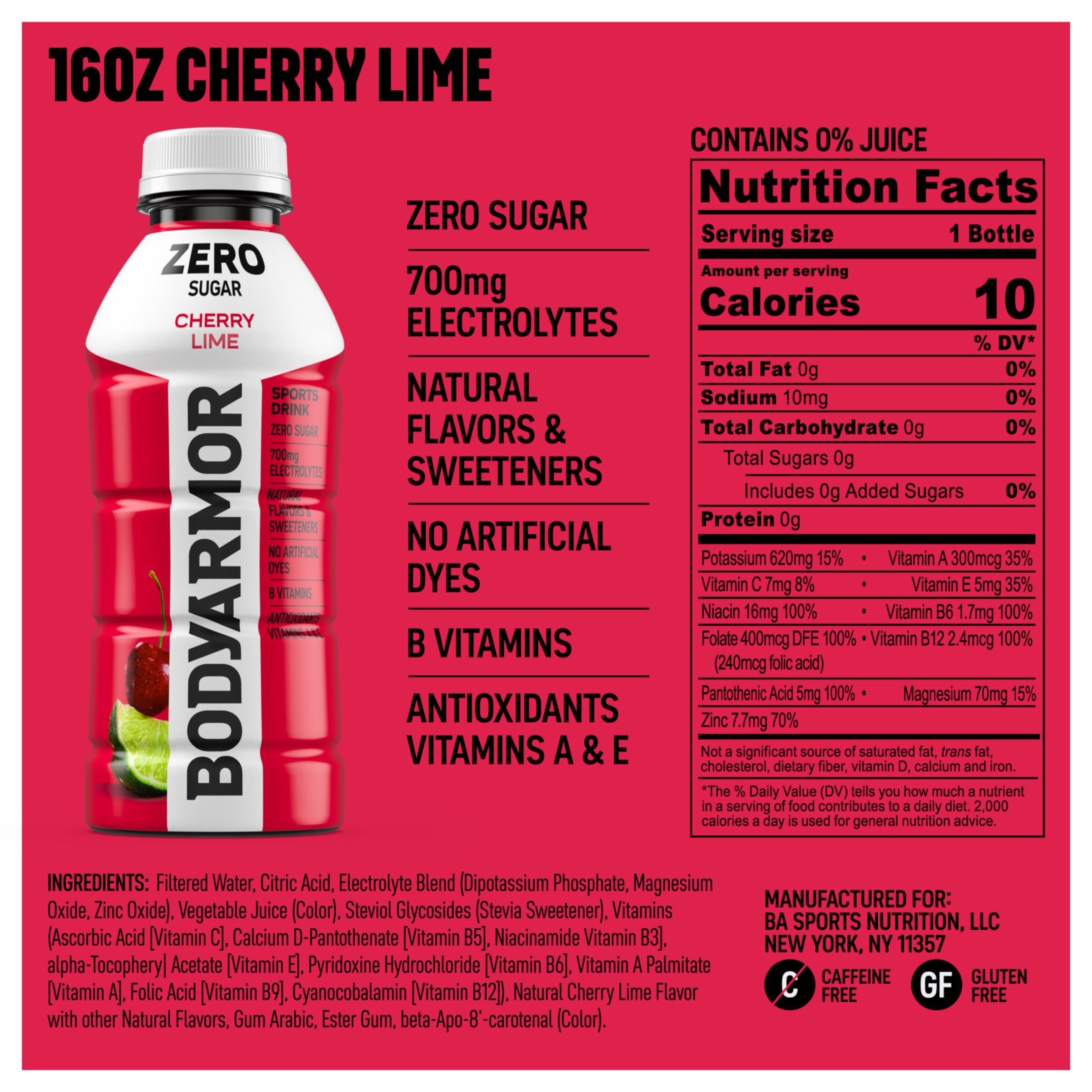 BODYARMOR Zero Sugar Cherry Lime bottle back with nutrition and antioxidants.