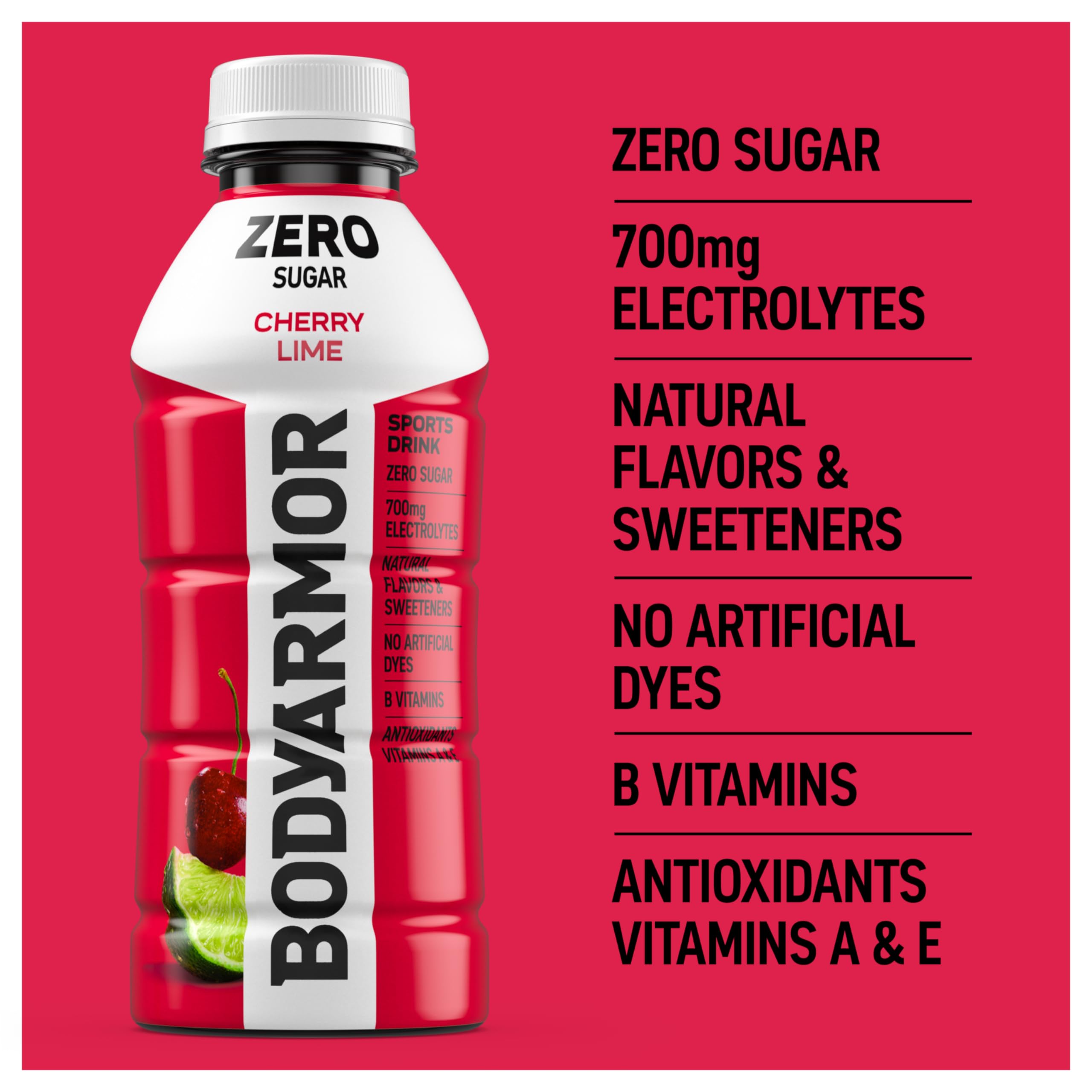 Chilled glass beside BODYARMOR bottle emphasizes refreshing taste.