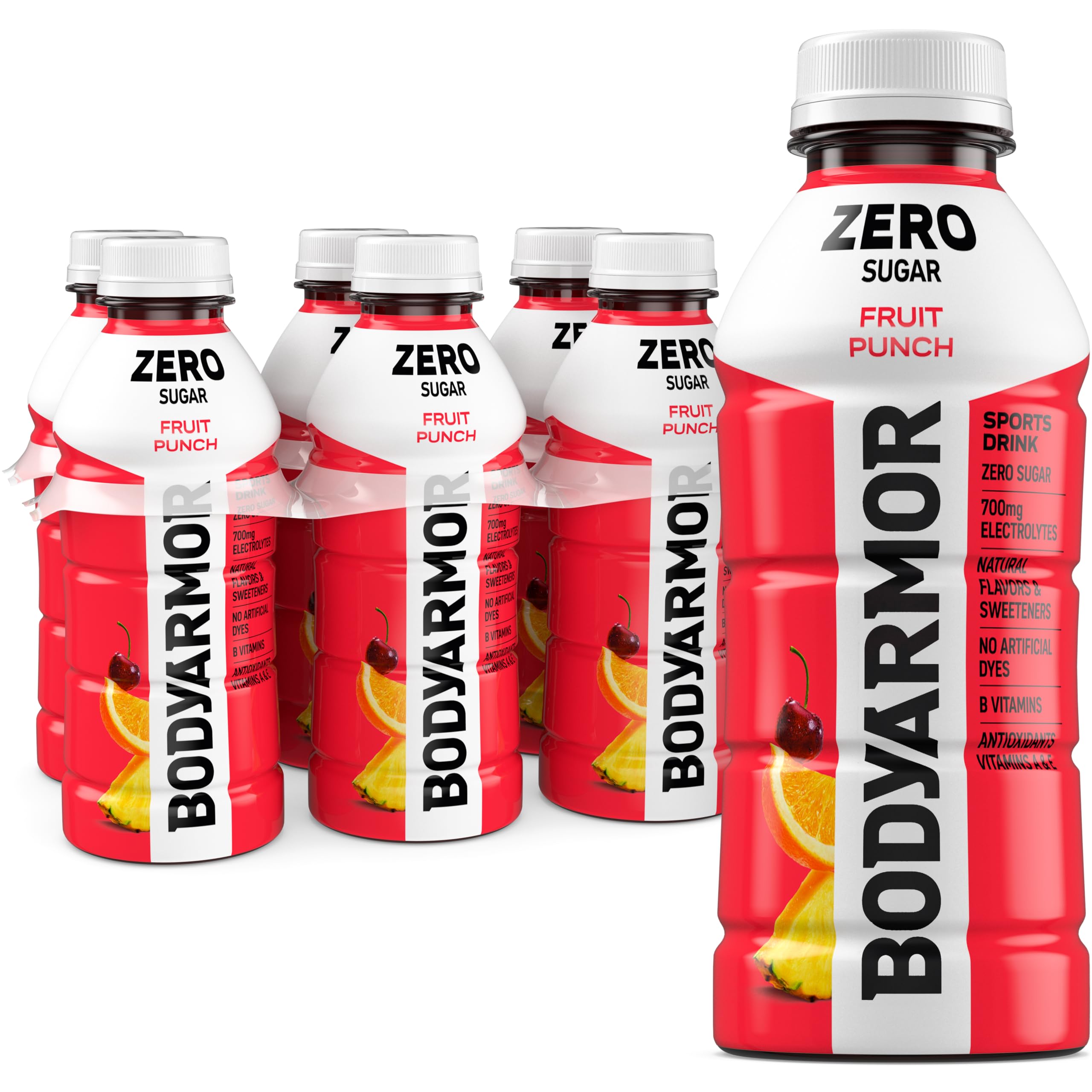 BODYARMOR Zero Sugar Fruit Punch bottle front shows a sugar-free hydration option for athletes
