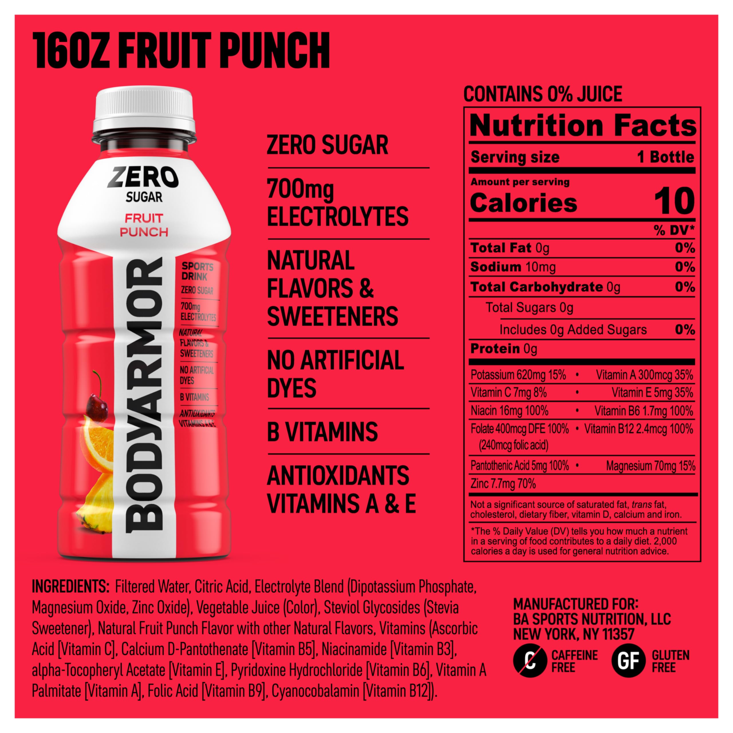 BODYARMOR Zero Sugar Fruit Punch bottle side highlights electrolytes for workouts
