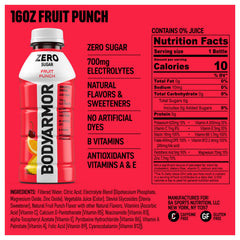 BODYARMOR Zero Sugar Fruit Punch bottle side highlights electrolytes for workouts