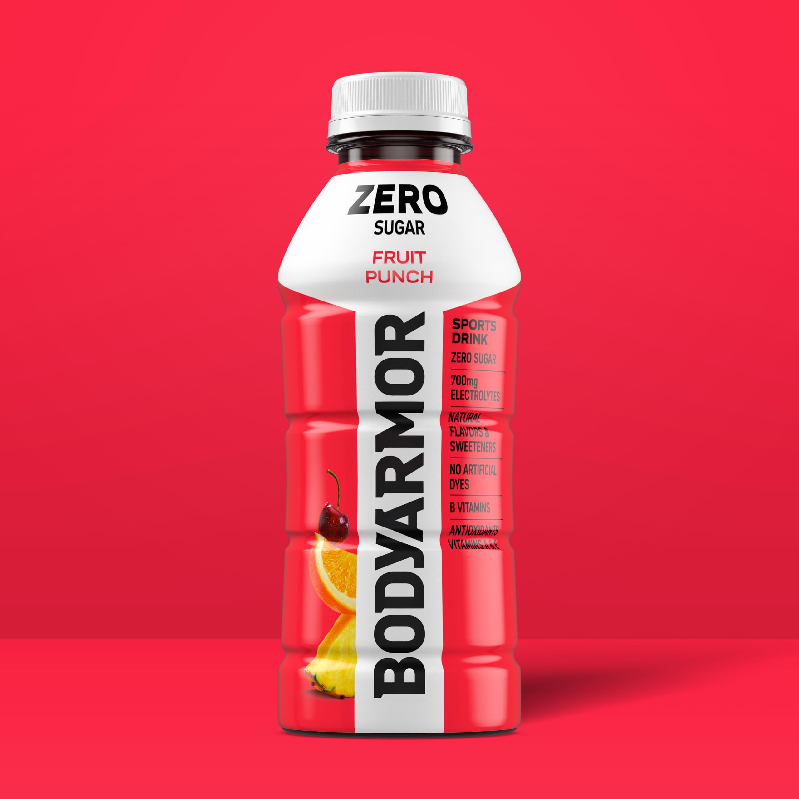 BODYARMOR Zero Sugar Fruit Punch being poured into a glass, inviting refreshing hydration
