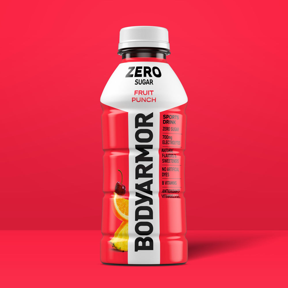 BODYARMOR Zero Sugar Fruit Punch being poured into a glass, inviting refreshing hydration