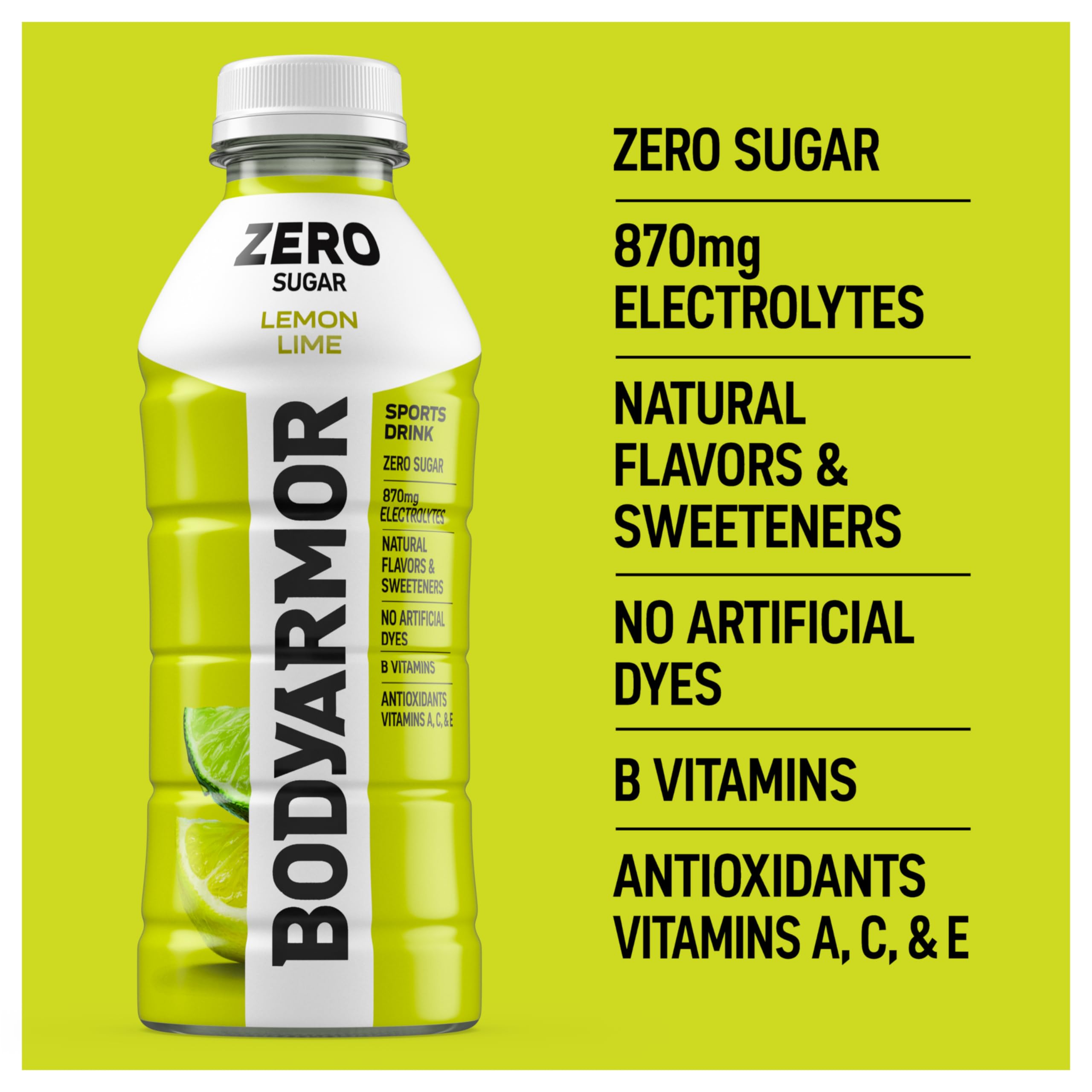 Back view of BodyArmor Zero Sugar Lemon Lime bottle in sport packaging.