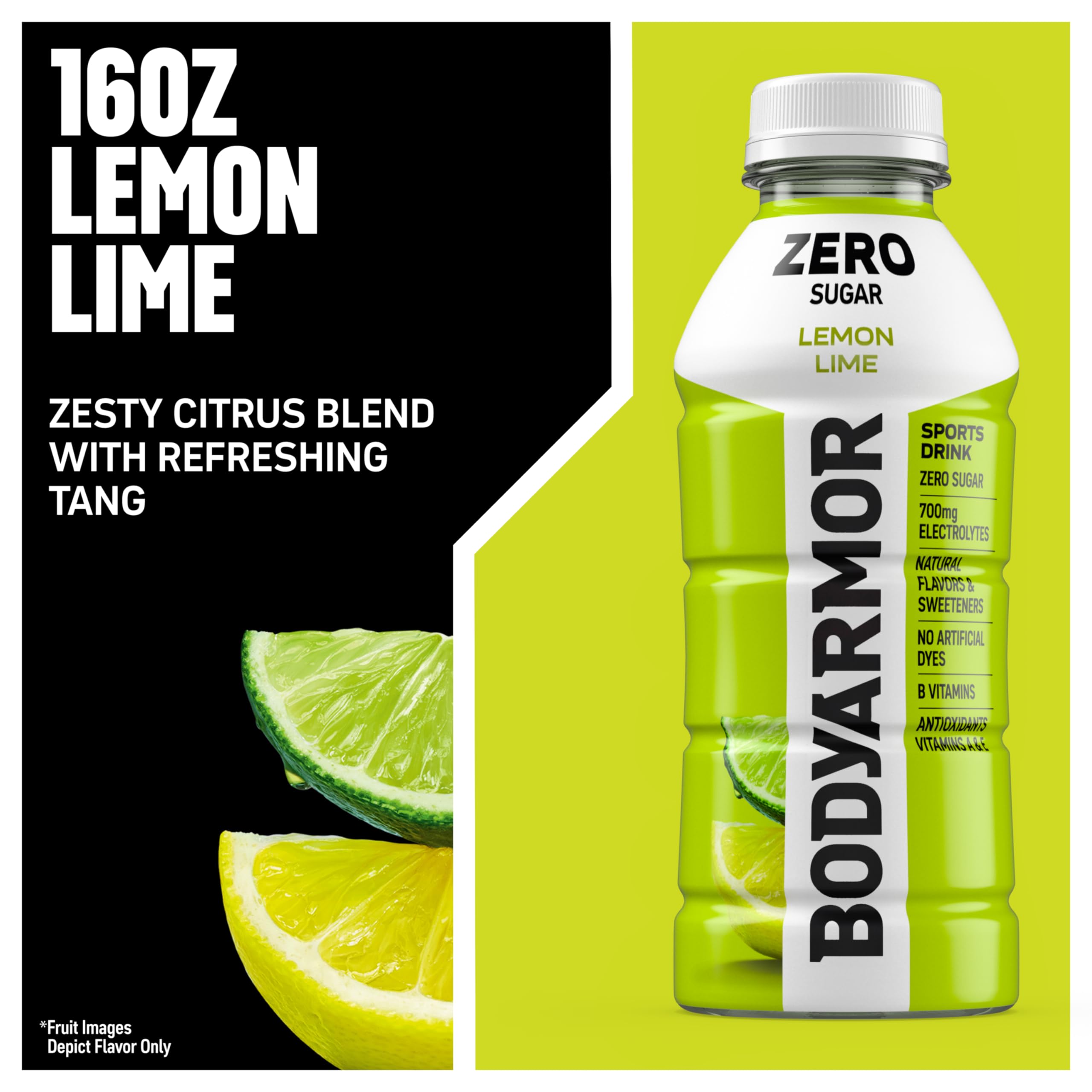 Close-up of BODYARMOR Zero Sugar Lemon Lime label emphasizes natural flavors.