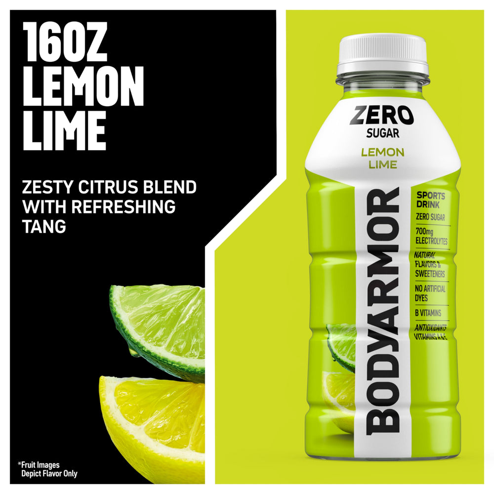 Close-up of BODYARMOR Zero Sugar Lemon Lime label emphasizes natural flavors.