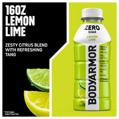 Close-up of BODYARMOR Zero Sugar Lemon Lime label emphasizes natural flavors.