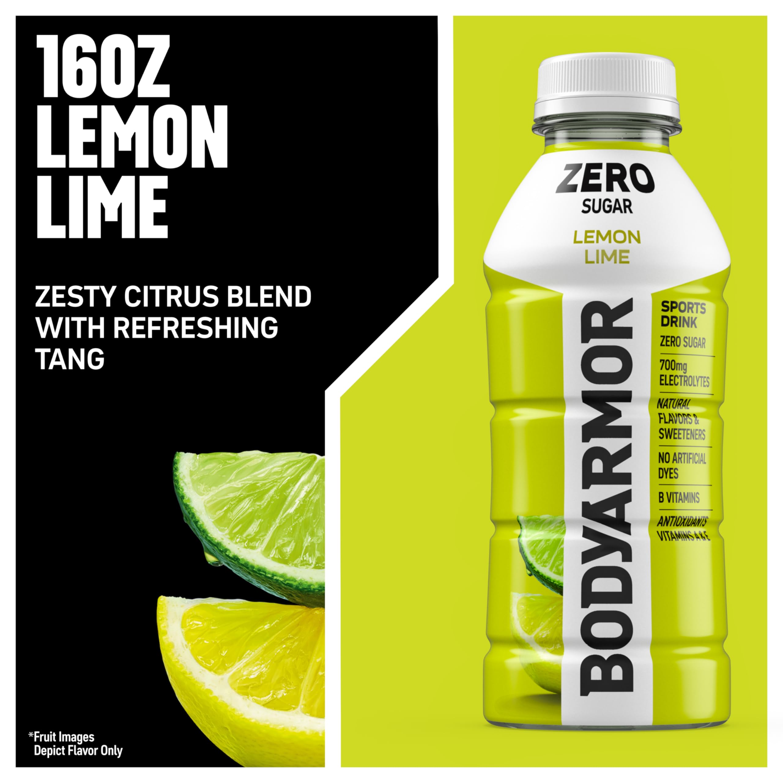 BODYARMOR Zero Sugar Lemon Lime label highlights natural flavors and no artificial additives.
