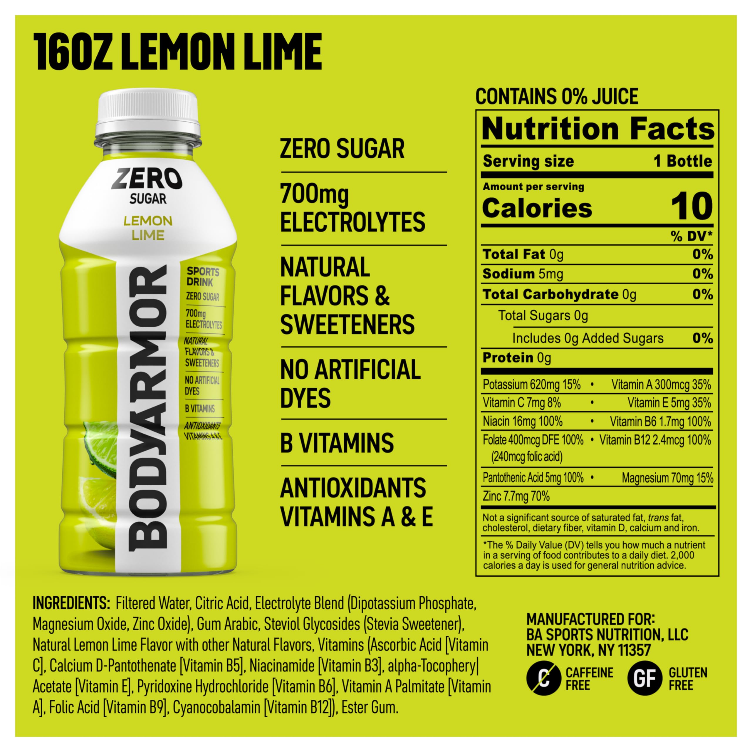 BODYARMOR Zero Sugar Lemon Lime is poured for quick hydration on the go.